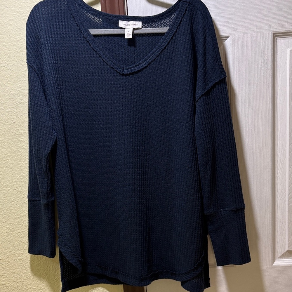 Vintage America Navy Waffle V-Neck Long Sleeve Top